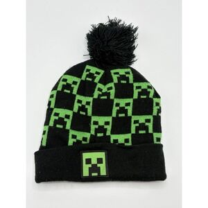 Minecraft Creeper Beanie Hat Knit Pom Green Black Youth OSFM
